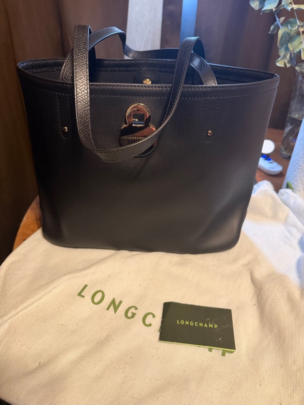 Longchamp Black Leather Tote with Gold-Tone Turnlock